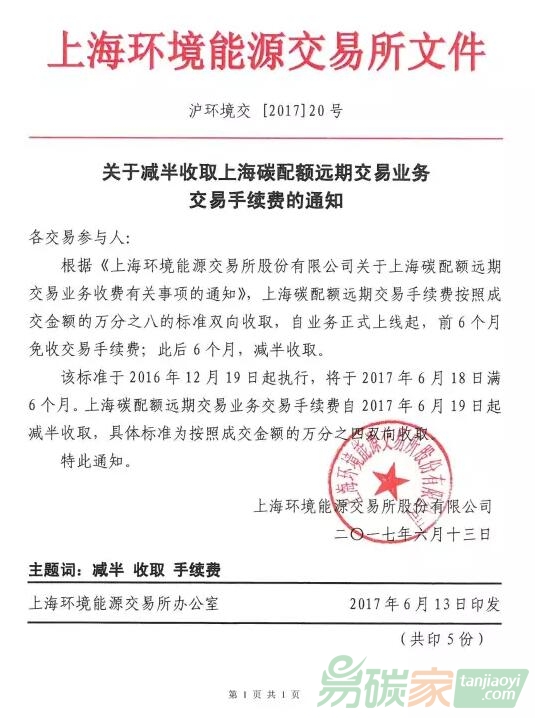關于減半收取上海碳配額遠期交易業務交易手續費的通知
